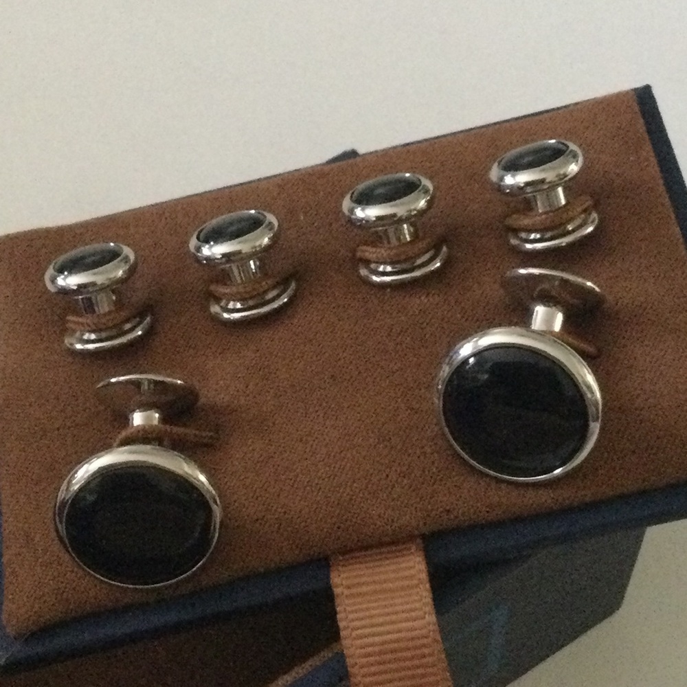 DAVID DONAHUE CUFF LINKS AND STUD SET SILVER BLACK ONYX NWT